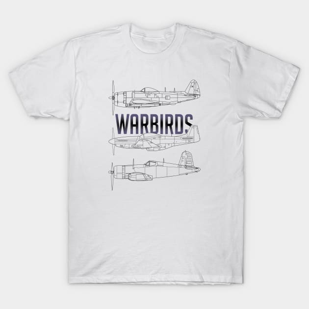 A Gathering of Warbirds: P-51 Mustang, P-47 Thunderbolt, F4U Corsair T-Shirt by Blue Gingko Designs LLC